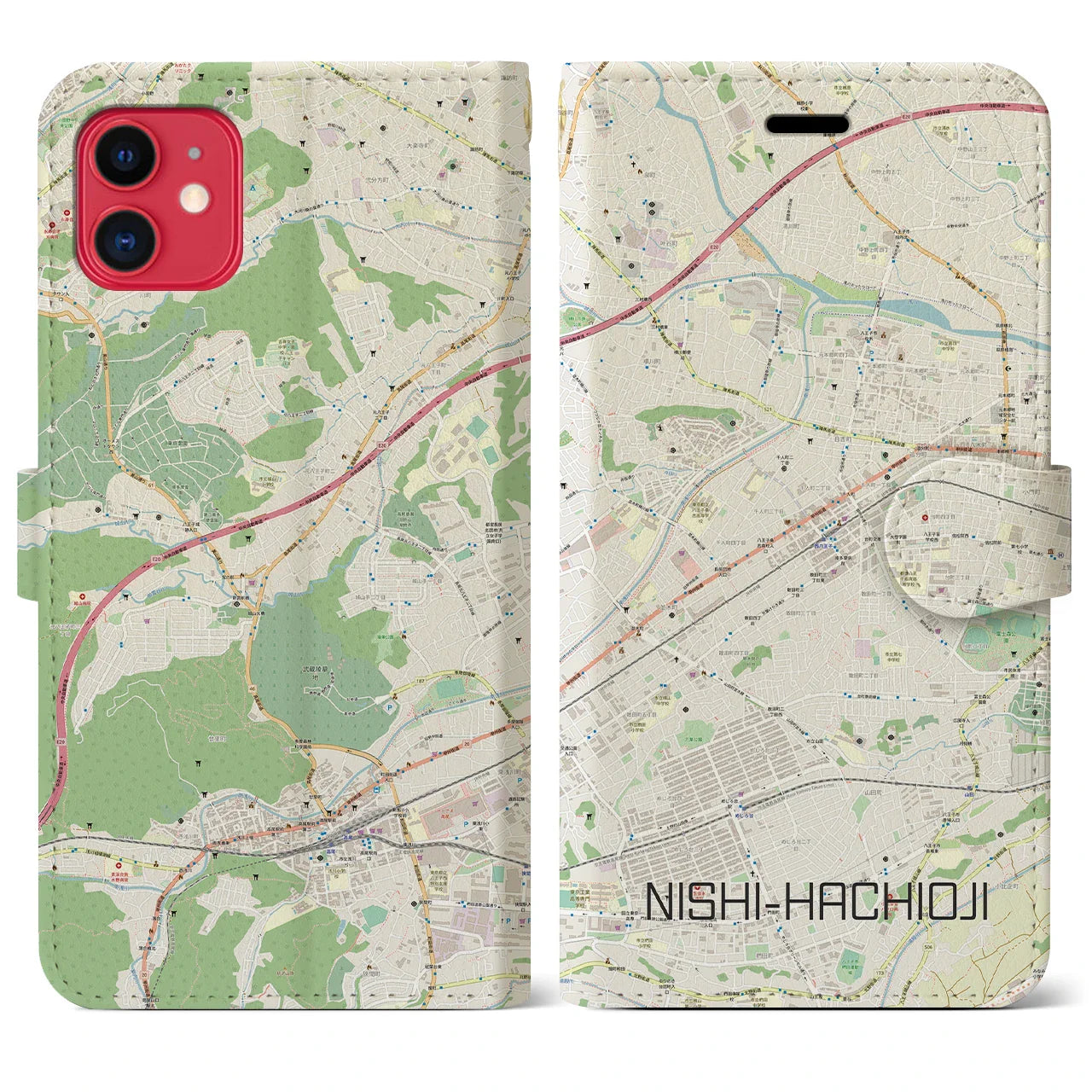 【西八王子(東京都)】地図柄iPhoneケース(手帳タイプ)ナチュラル・iPhone 11 用