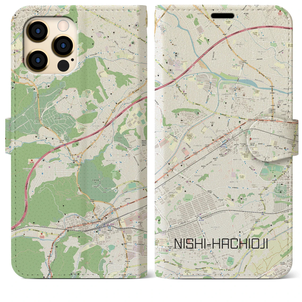【西八王子(東京都)】地図柄iPhoneケース(手帳タイプ)ナチュラル・iPhone 12 Pro Max 用