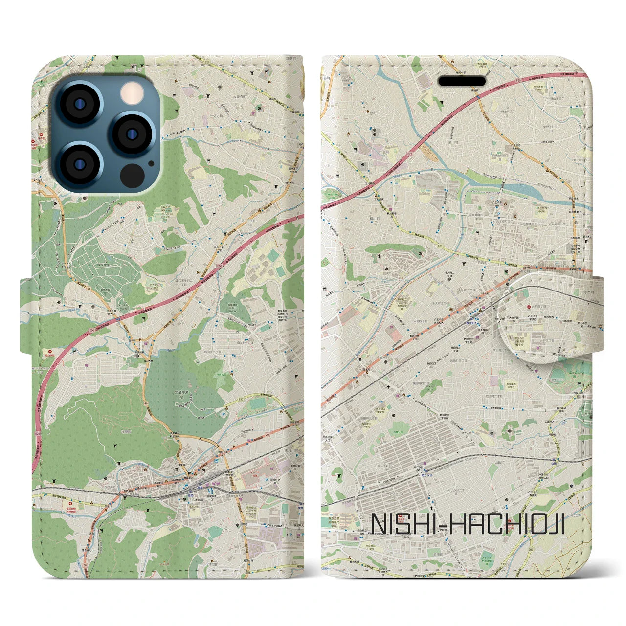 【西八王子(東京都)】地図柄iPhoneケース(手帳タイプ)ナチュラル・iPhone 12 / 12 Pro 用