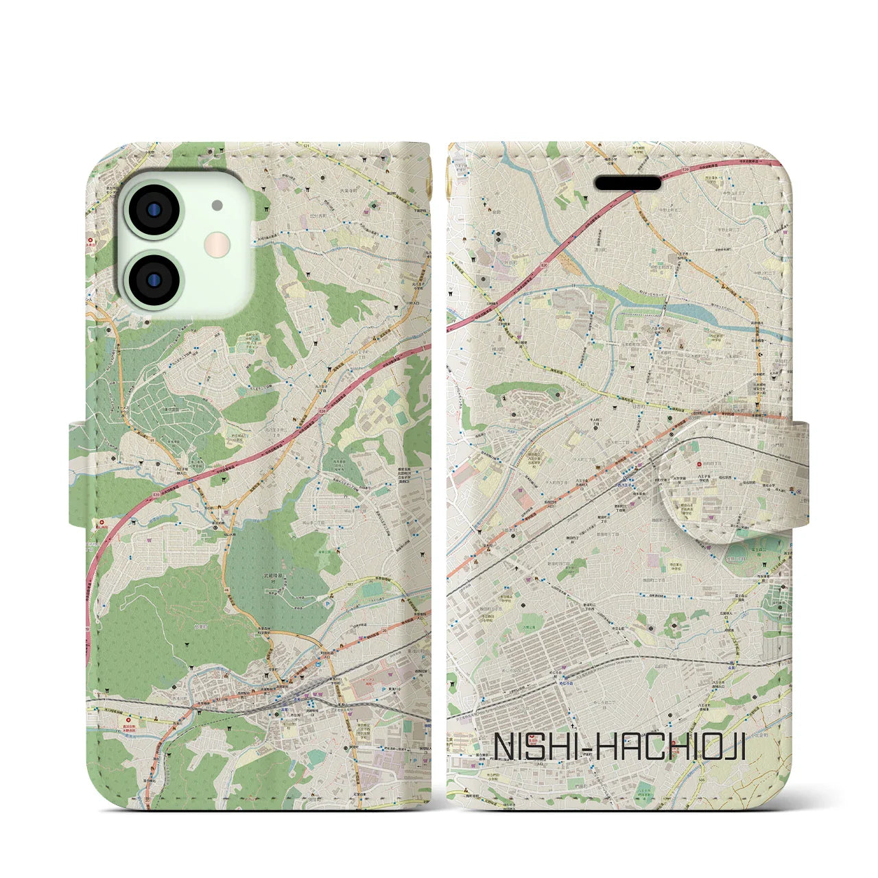 【西八王子(東京都)】地図柄iPhoneケース(手帳タイプ)ナチュラル・iPhone 12 mini 用
