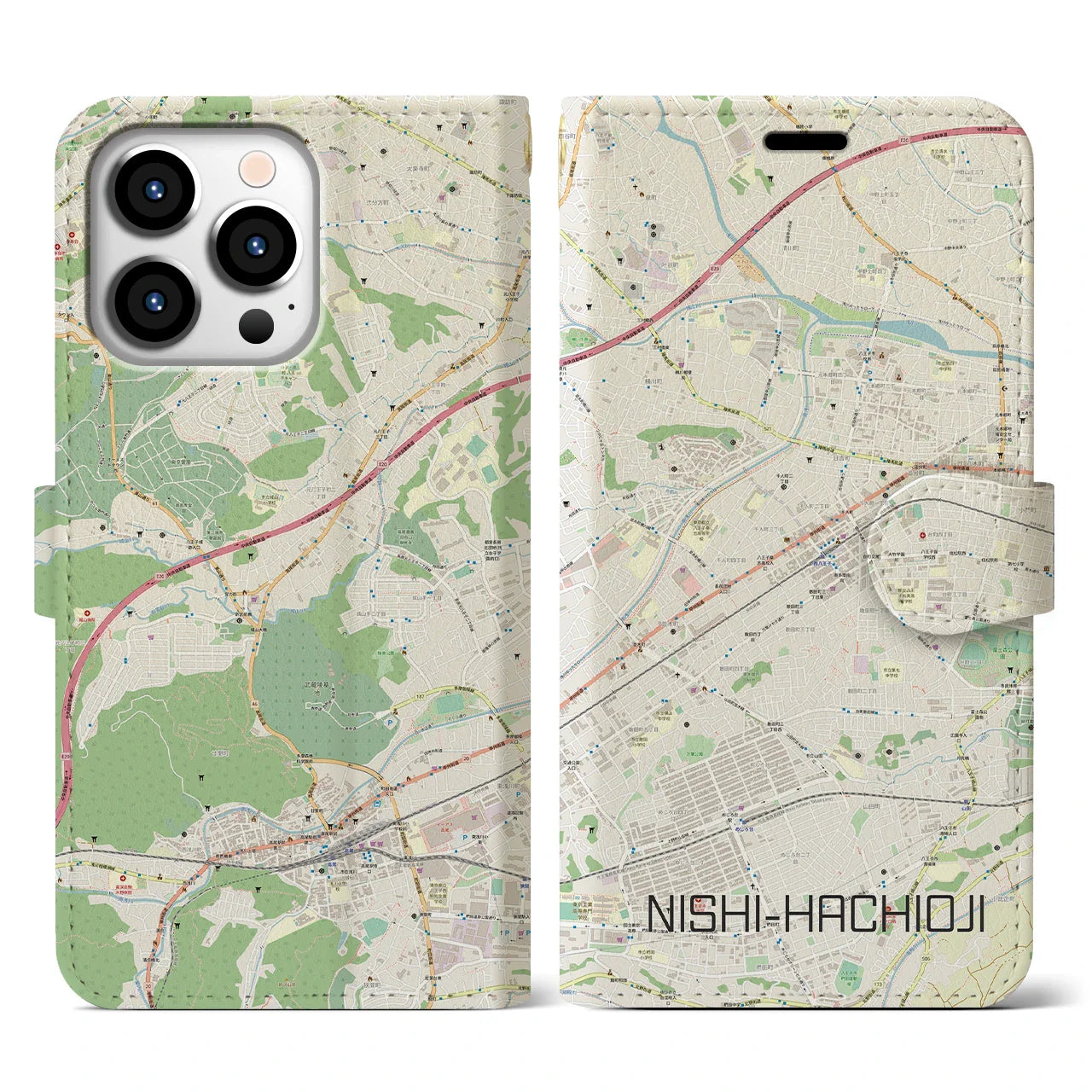 【西八王子(東京都)】地図柄iPhoneケース(手帳タイプ)ナチュラル・iPhone 13 Pro 用