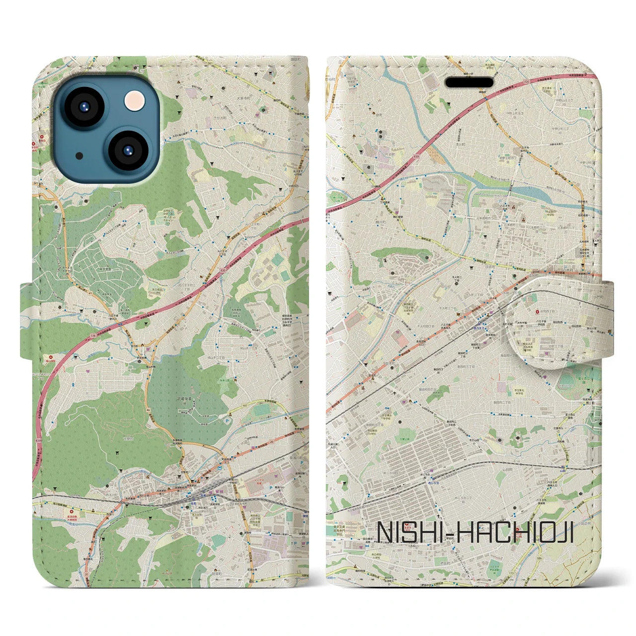 【西八王子(東京都)】地図柄iPhoneケース(手帳タイプ)ナチュラル・iPhone 13 用