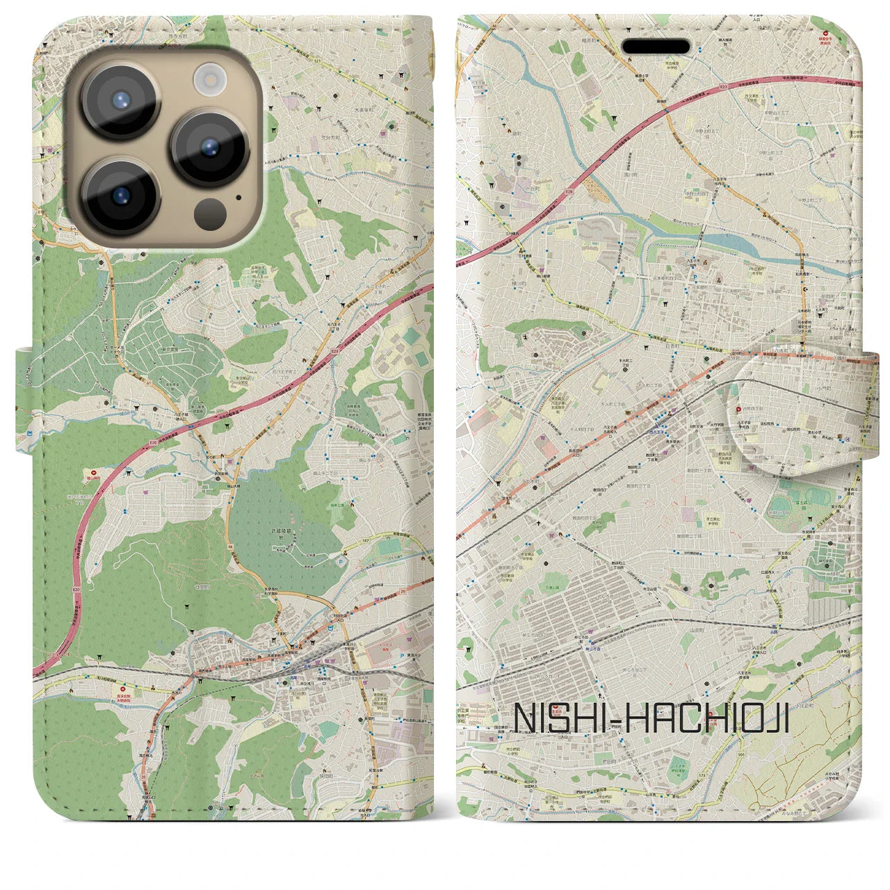 【西八王子(東京都)】地図柄iPhoneケース(手帳タイプ)ナチュラル・iPhone 14 Pro Max 用