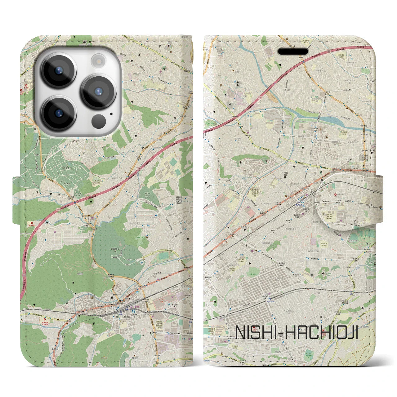 【西八王子(東京都)】地図柄iPhoneケース(手帳タイプ)ナチュラル・iPhone 14 Pro 用