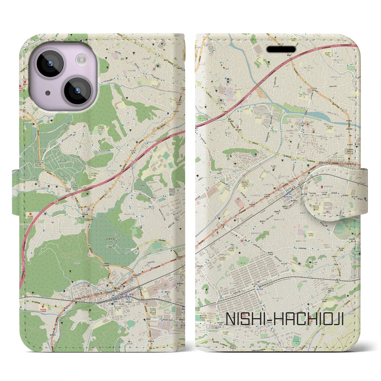 【西八王子(東京都)】地図柄iPhoneケース(手帳タイプ)ナチュラル・iPhone 14 用