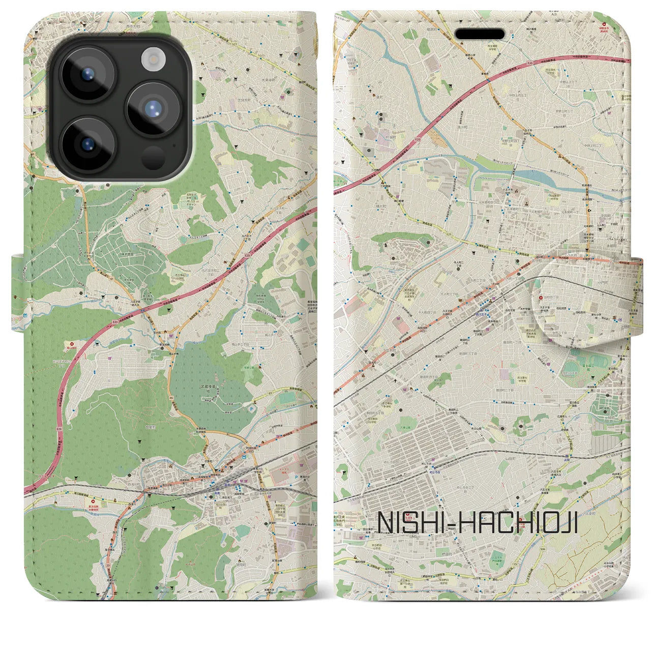 【西八王子(東京都)】地図柄iPhoneケース(手帳タイプ)ナチュラル・iPhone 15 Pro Max 用