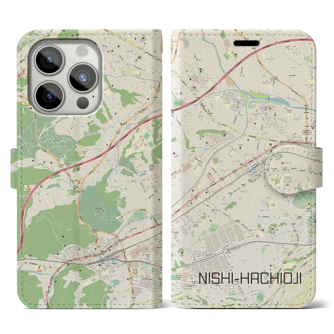 【西八王子(東京都)】地図柄iPhoneケース(手帳タイプ)ナチュラル・iPhone 15 Pro 用