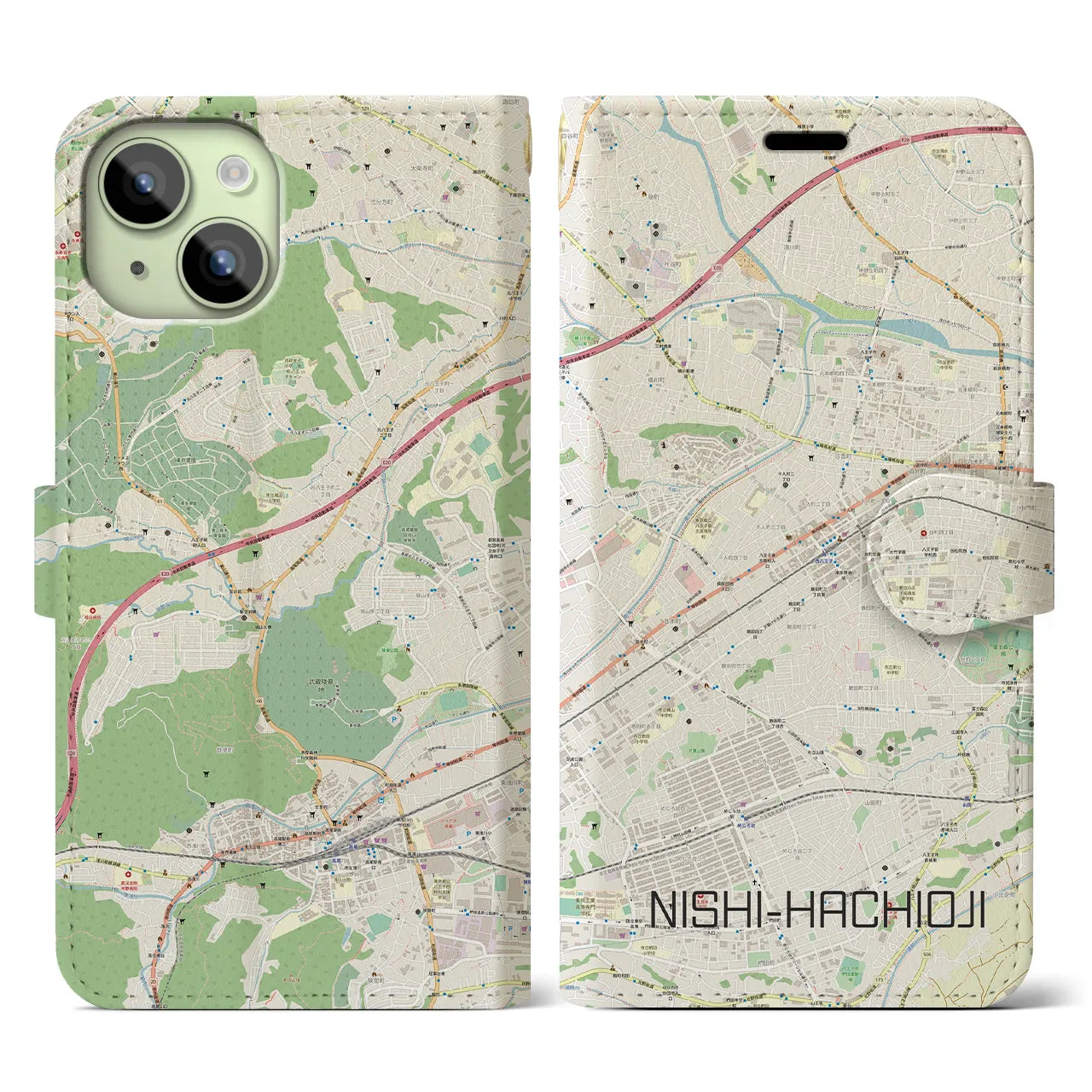 【西八王子(東京都)】地図柄iPhoneケース(手帳タイプ)ナチュラル・iPhone 15 用