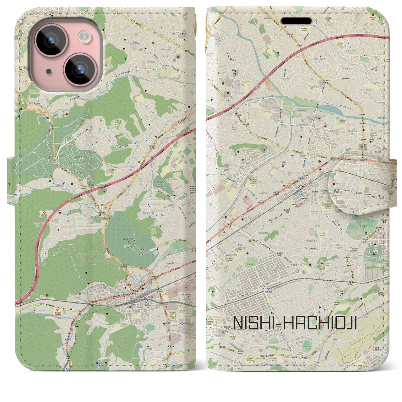 【西八王子(東京都)】地図柄iPhoneケース(手帳タイプ)ナチュラル・iPhone 15 Plus 用