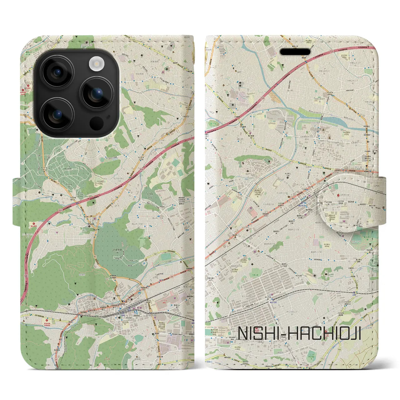 【西八王子(東京都)】地図柄iPhoneケース(手帳タイプ)ナチュラル・iPhone 16 用