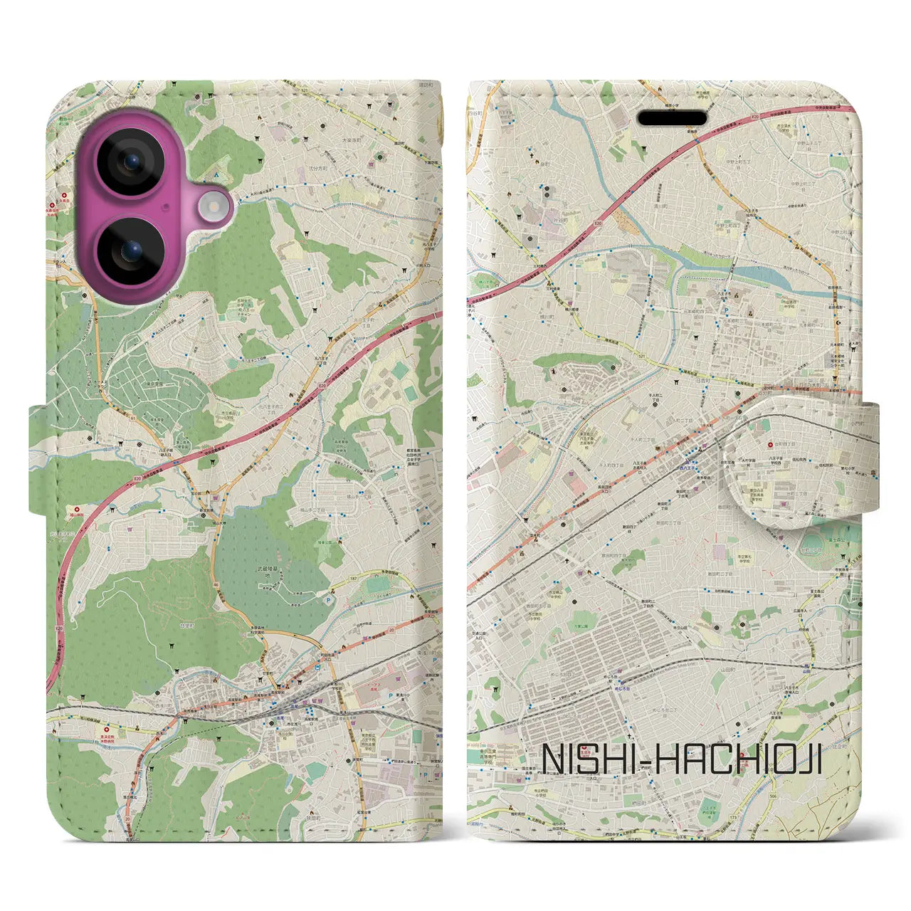 【西八王子(東京都)】地図柄iPhoneケース(手帳タイプ)ナチュラル・iPhone 16 Pro 用