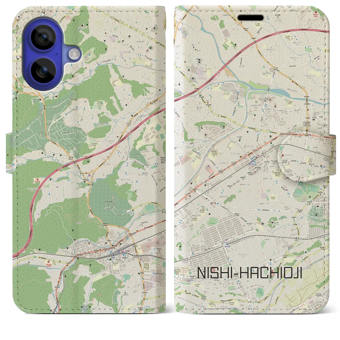 【西八王子(東京都)】地図柄iPhoneケース(手帳タイプ)ナチュラル・iPhone 16 Pro Max 用