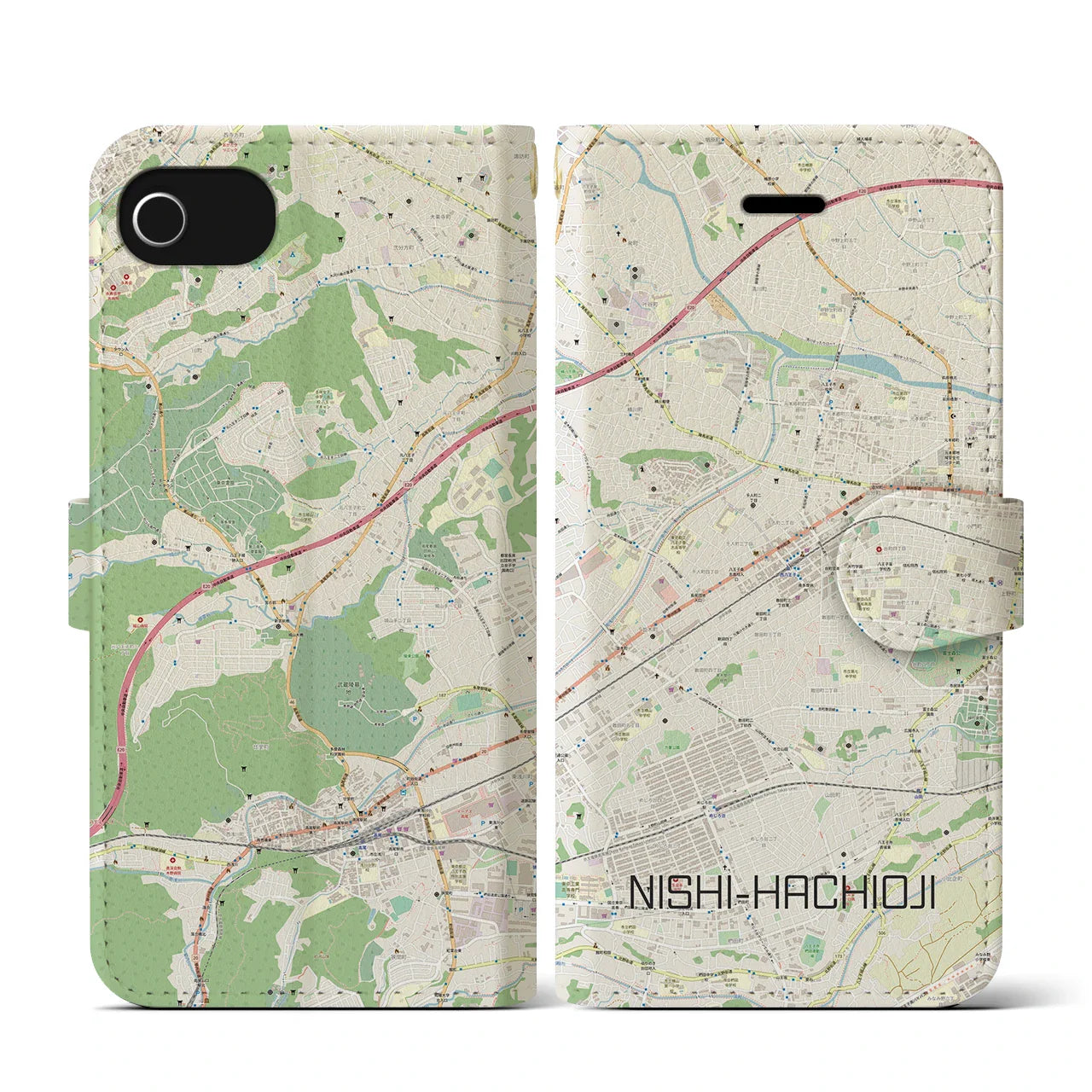 【西八王子(東京都)】地図柄iPhoneケース(手帳タイプ)ナチュラル・iPhone SE(第3 / 第2世代) / 8 / 7 / 6s / 6 用