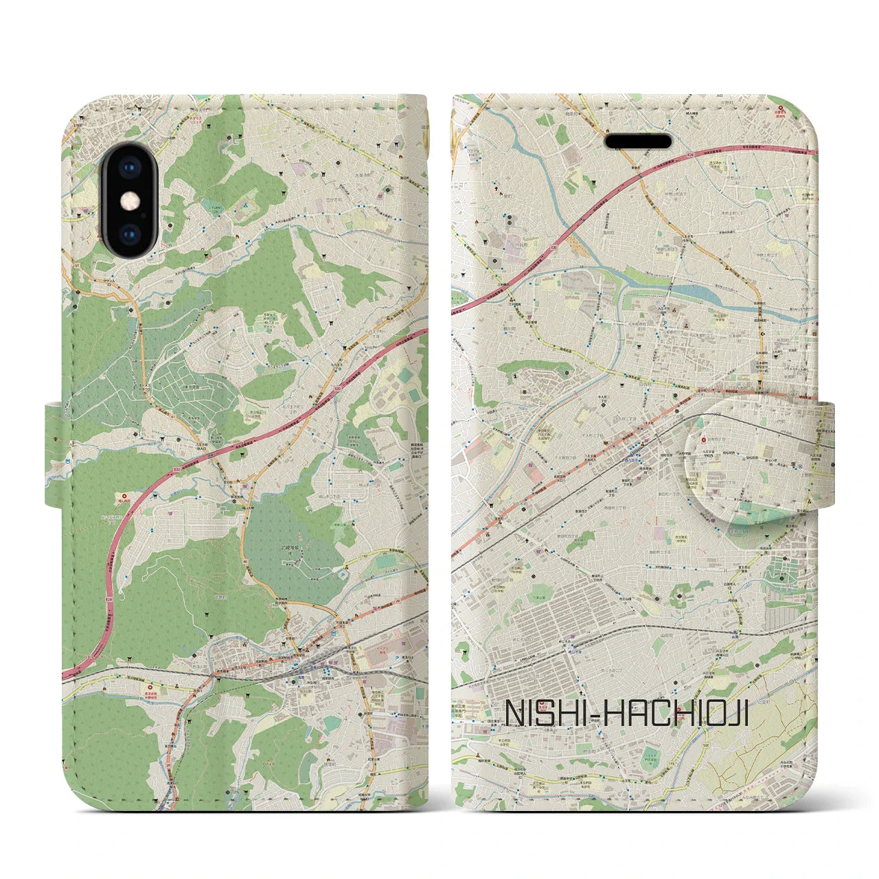 【西八王子(東京都)】地図柄iPhoneケース(手帳タイプ)ナチュラル・iPhone XS / X 用