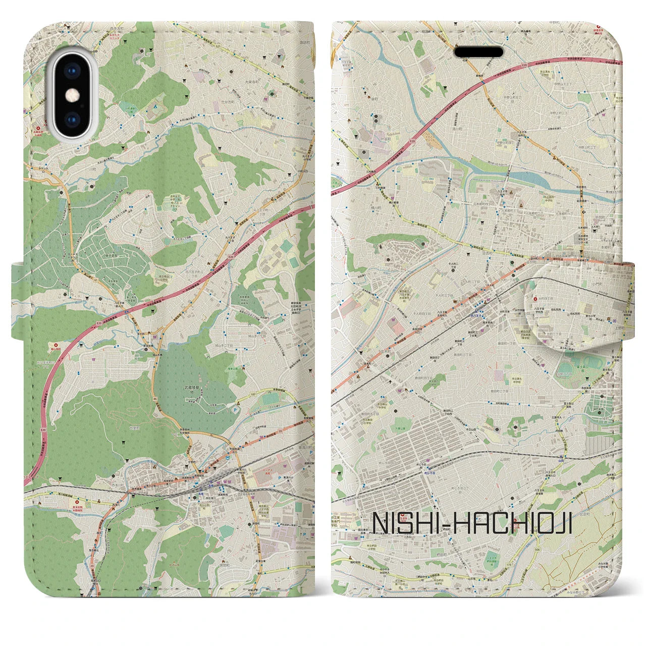 【西八王子(東京都)】地図柄iPhoneケース(手帳タイプ)ナチュラル・iPhone XS Max 用