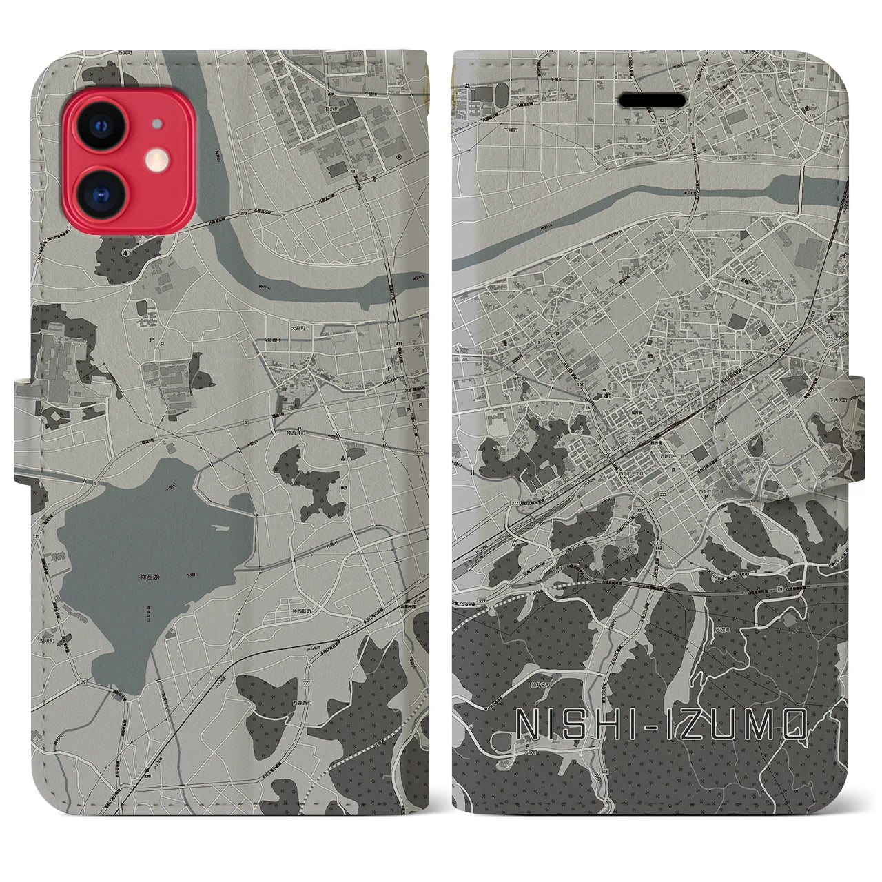 【西出雲(島根県)】地図柄iPhoneケース(手帳タイプ)モノトーン・iPhone 11 用
