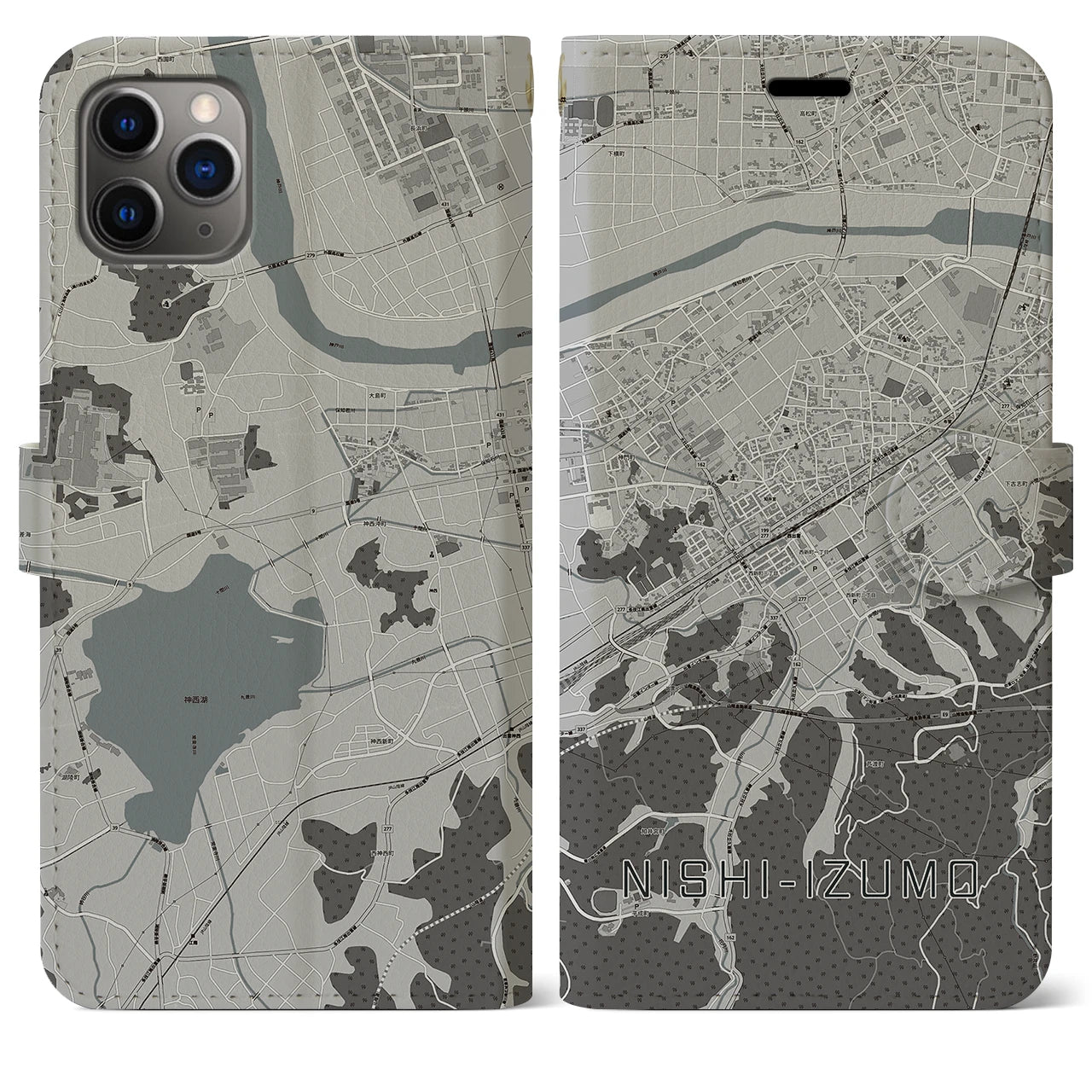 【西出雲(島根県)】地図柄iPhoneケース(手帳タイプ)モノトーン・iPhone 11 Pro Max 用