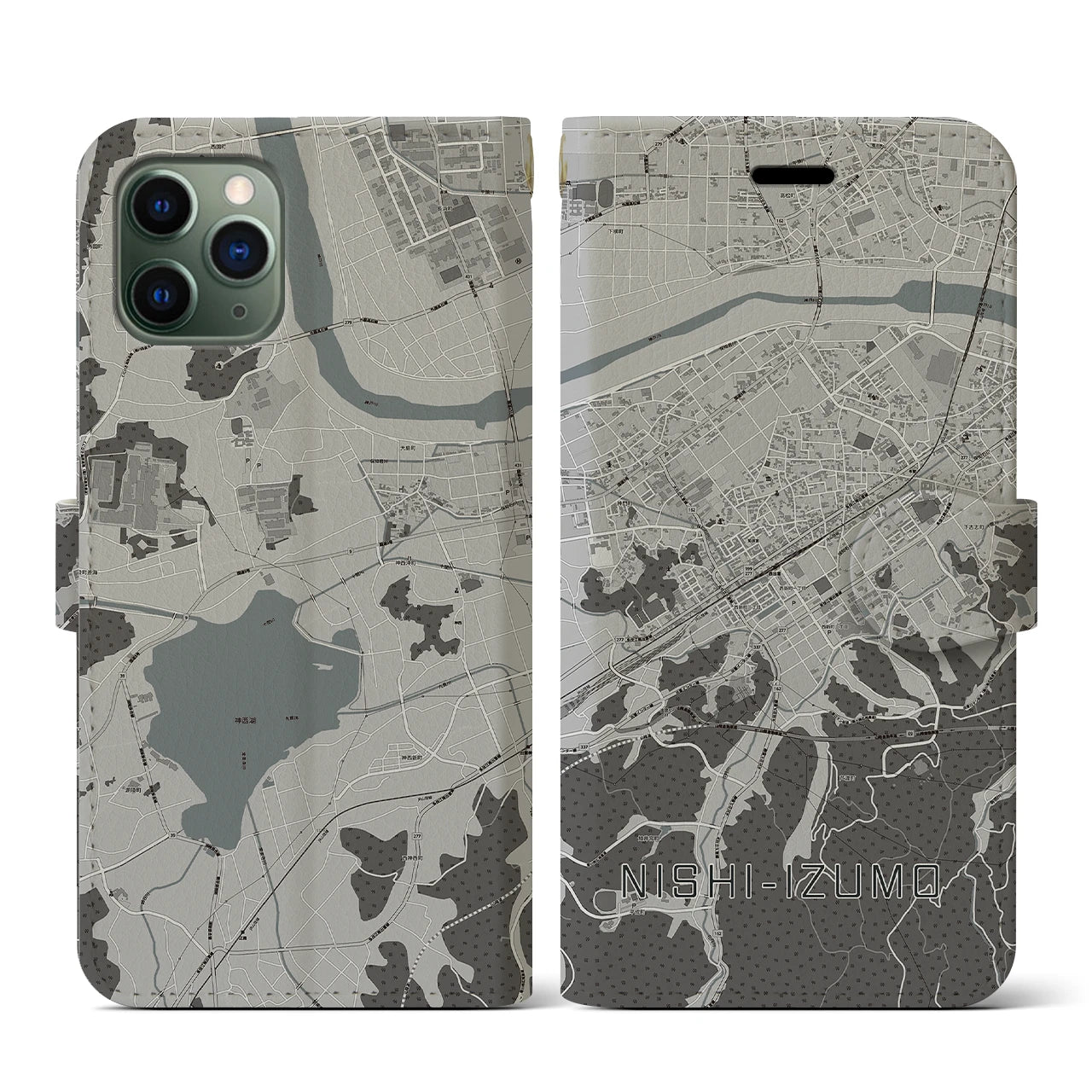 【西出雲(島根県)】地図柄iPhoneケース(手帳タイプ)モノトーン・iPhone 11 Pro 用