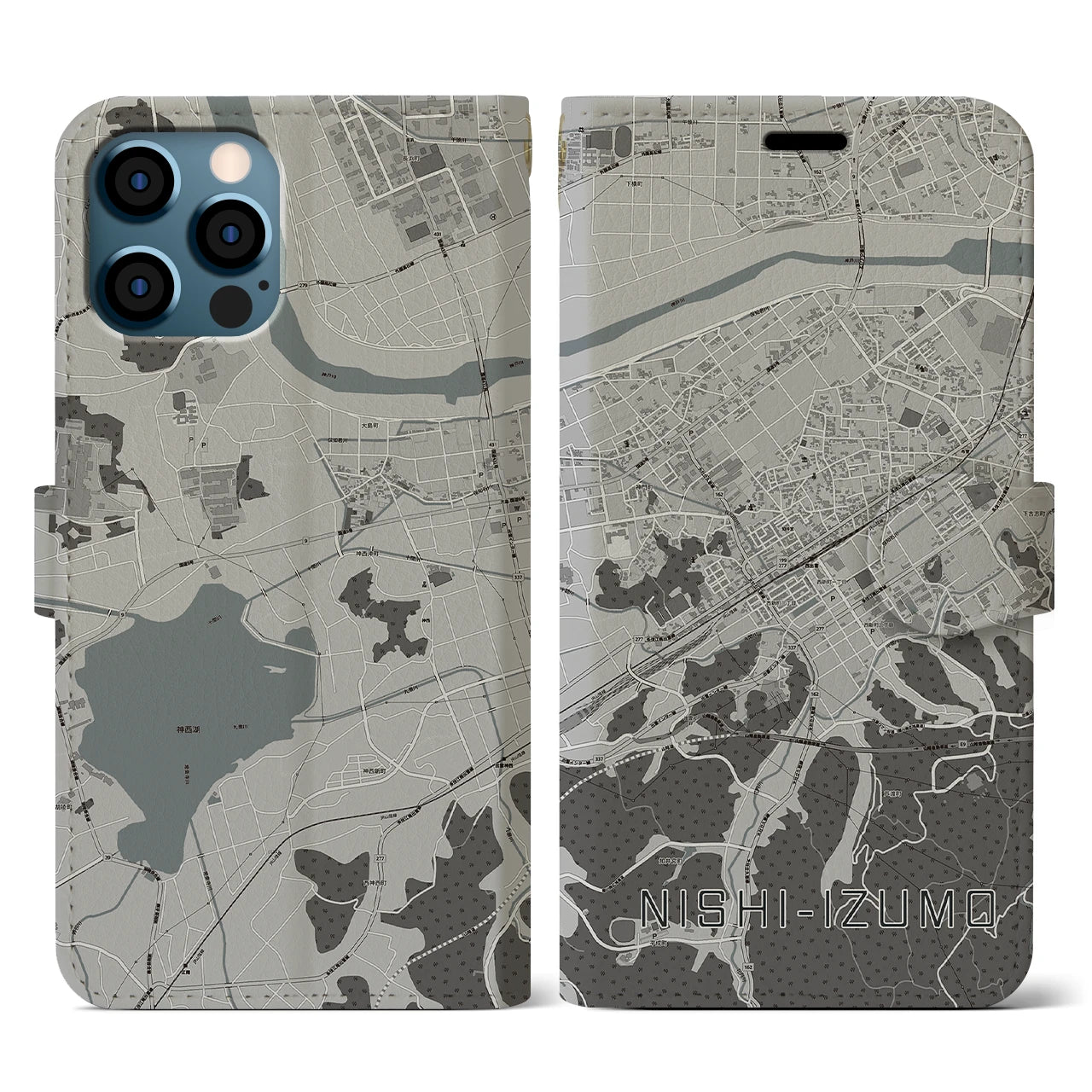 【西出雲(島根県)】地図柄iPhoneケース(手帳タイプ)モノトーン・iPhone 12 / 12 Pro 用