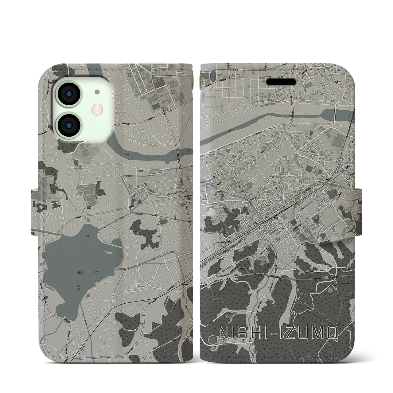 【西出雲(島根県)】地図柄iPhoneケース(手帳タイプ)モノトーン・iPhone 12 mini 用