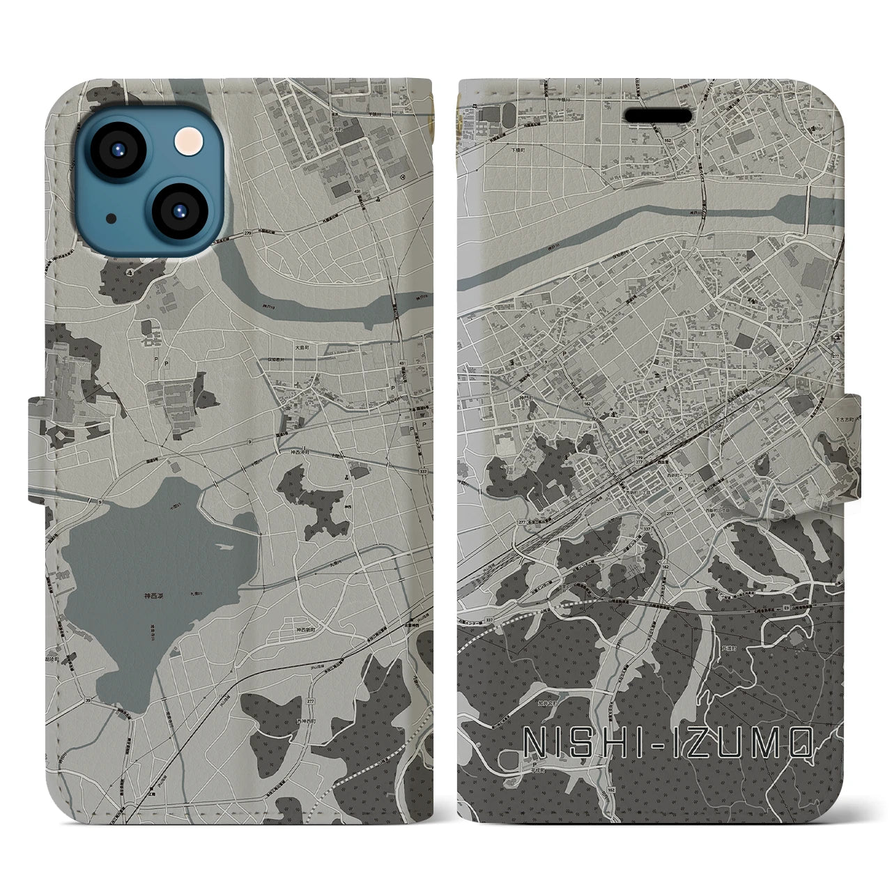 【西出雲(島根県)】地図柄iPhoneケース(手帳タイプ)モノトーン・iPhone 13 用