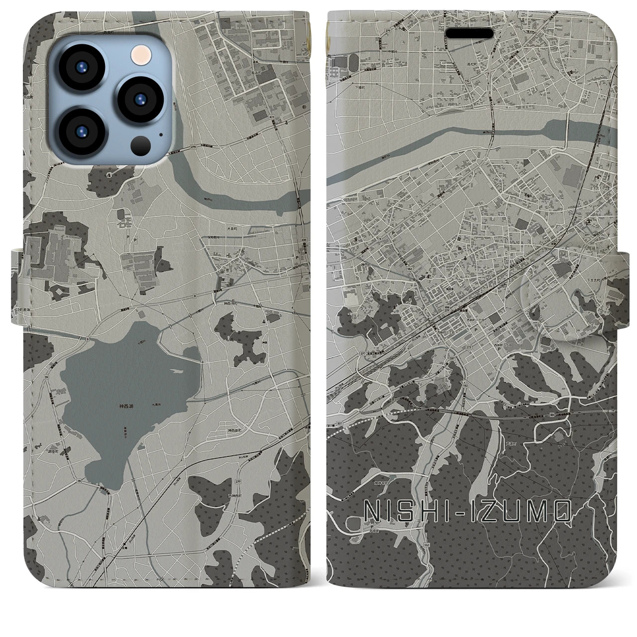 【西出雲(島根県)】地図柄iPhoneケース(手帳タイプ)モノトーン・iPhone 13 Pro Max 用