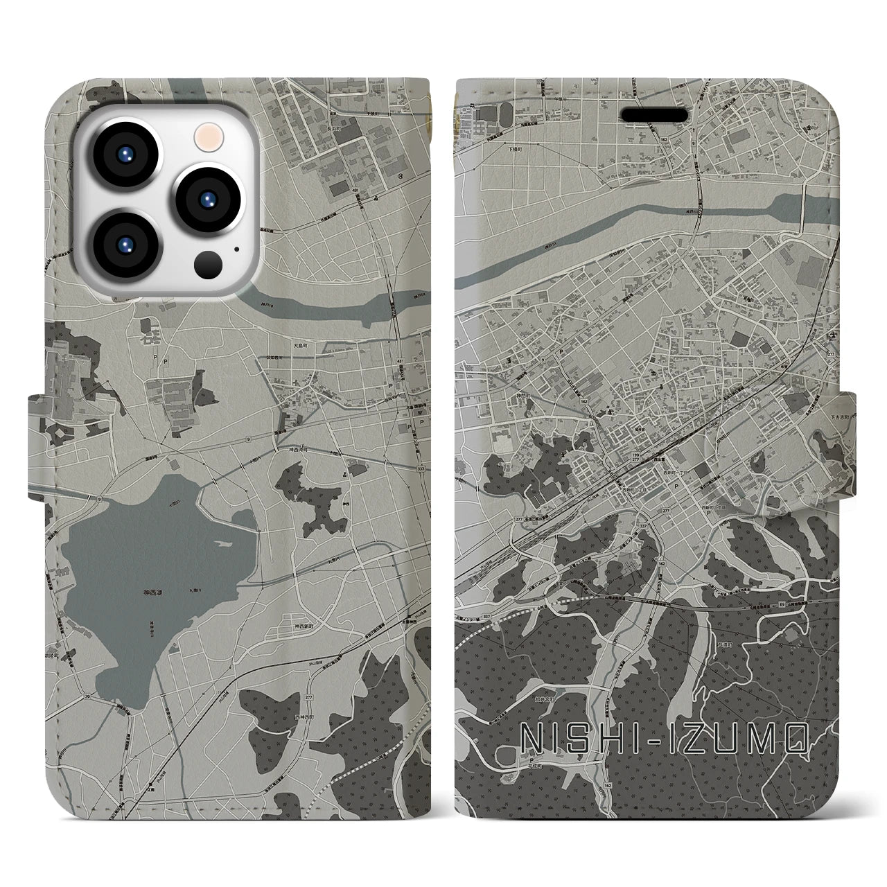 【西出雲(島根県)】地図柄iPhoneケース(手帳タイプ)モノトーン・iPhone 13 Pro 用