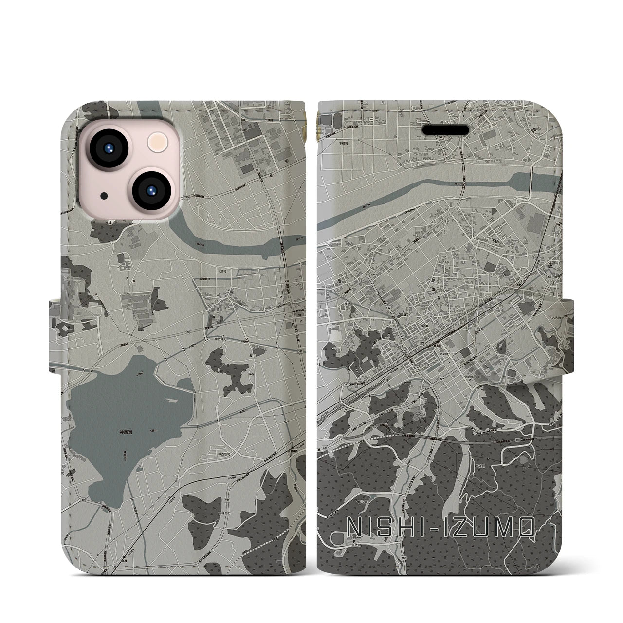 【西出雲(島根県)】地図柄iPhoneケース(手帳タイプ)モノトーン・iPhone 13 mini 用