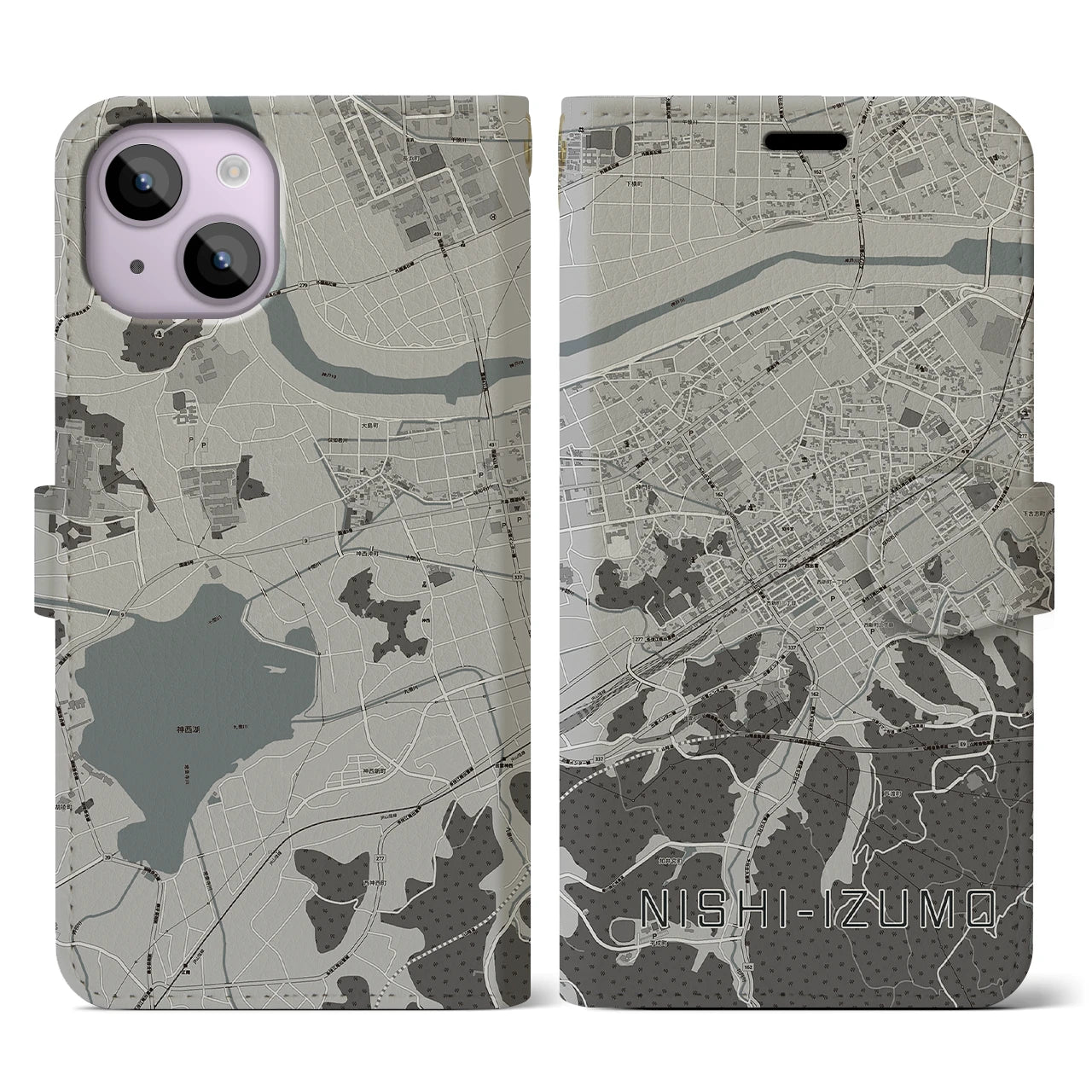 【西出雲(島根県)】地図柄iPhoneケース(手帳タイプ)モノトーン・iPhone 14 用