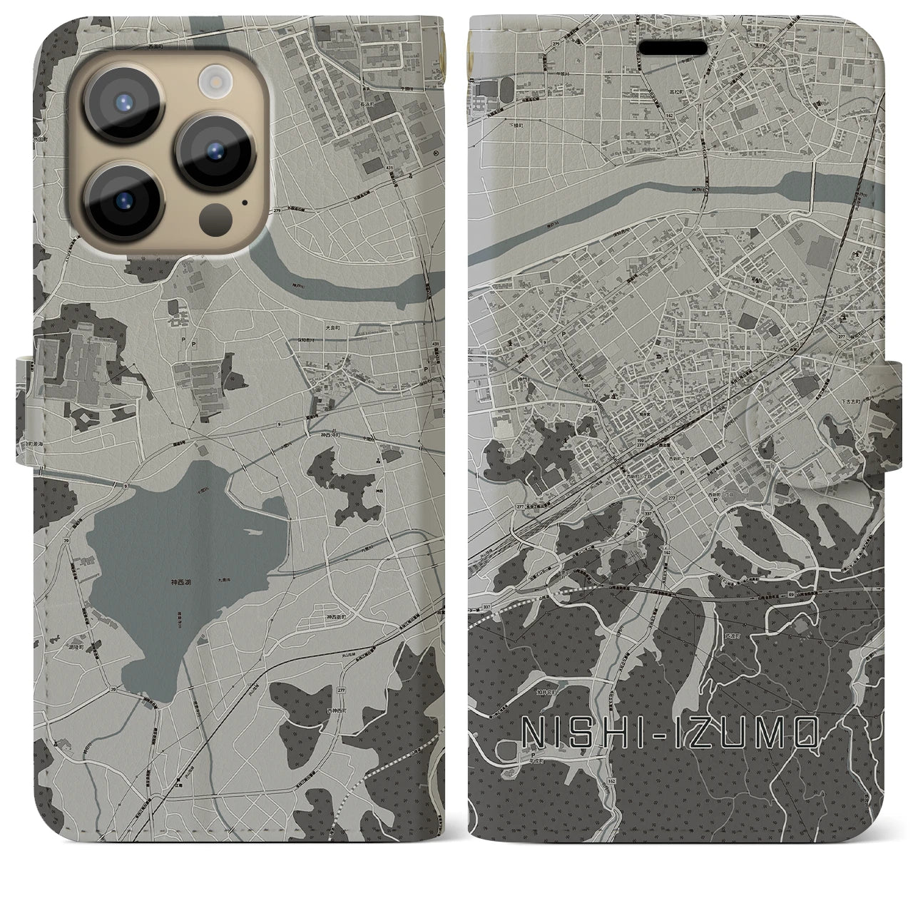 【西出雲(島根県)】地図柄iPhoneケース(手帳タイプ)モノトーン・iPhone 14 Pro Max 用