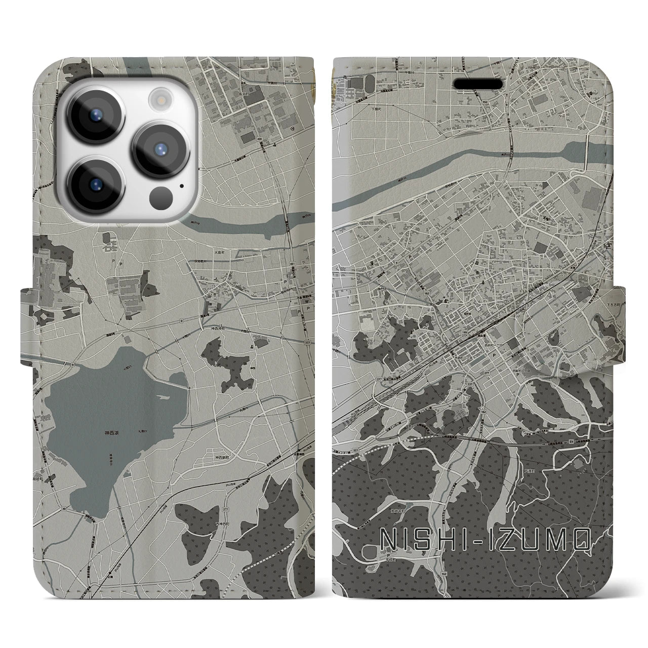 【西出雲(島根県)】地図柄iPhoneケース(手帳タイプ)モノトーン・iPhone 14 Pro 用