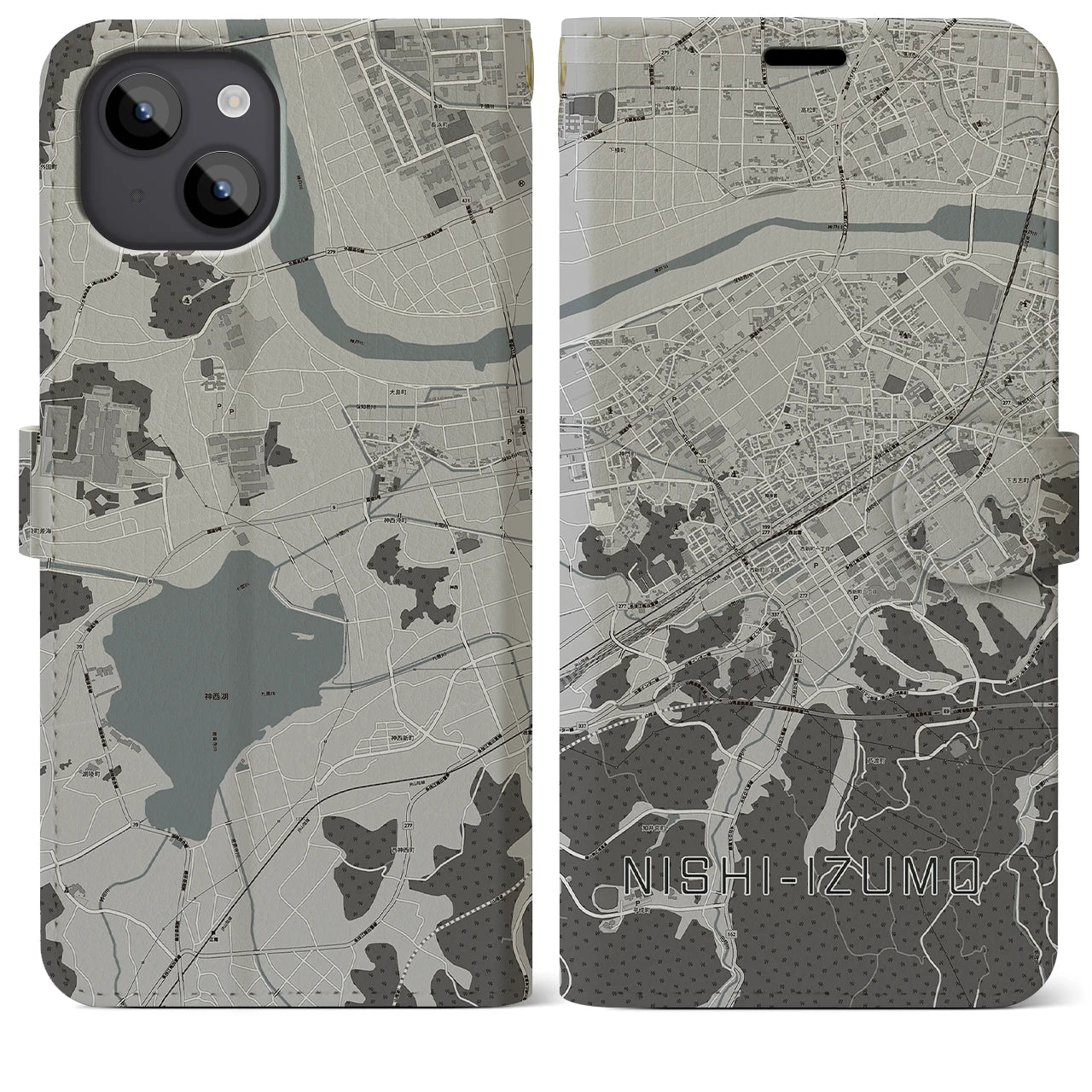【西出雲(島根県)】地図柄iPhoneケース(手帳タイプ)モノトーン・iPhone 14 Plus 用