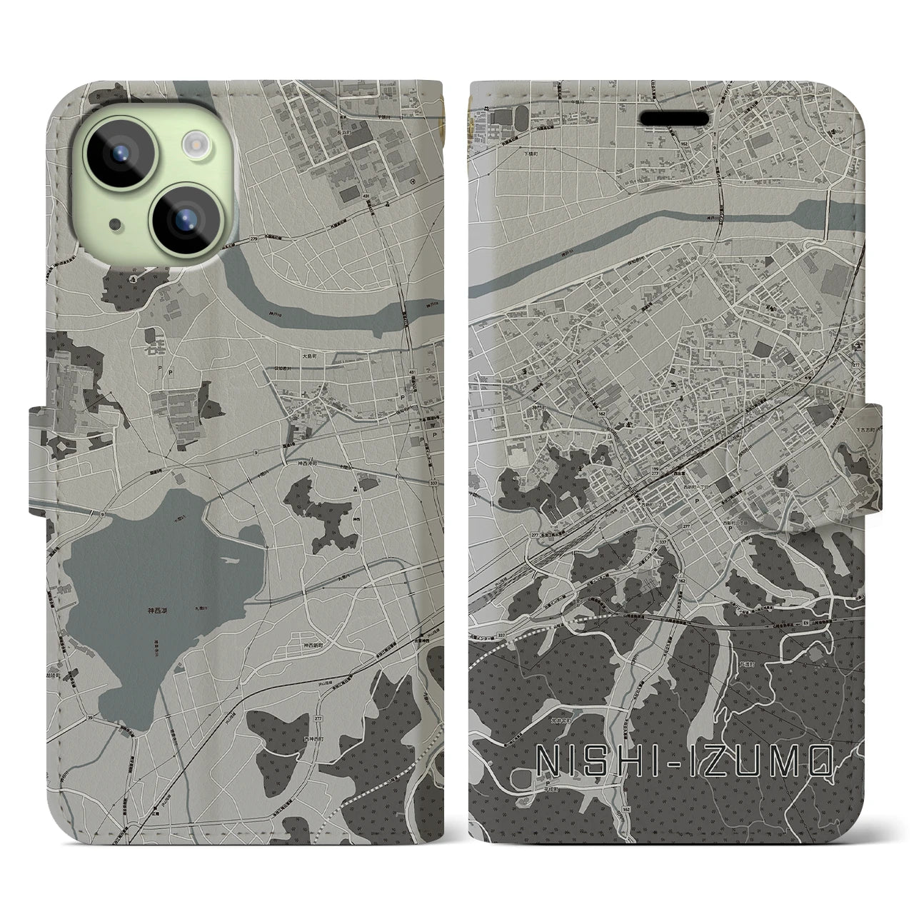 【西出雲(島根県)】地図柄iPhoneケース(手帳タイプ)モノトーン・iPhone 15 用