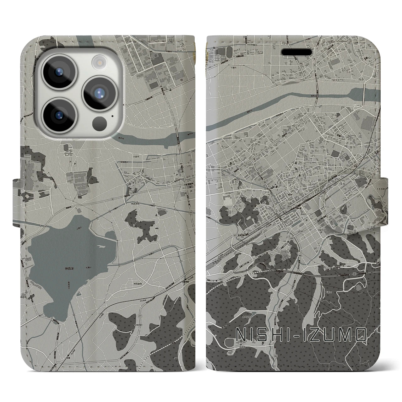 【西出雲(島根県)】地図柄iPhoneケース(手帳タイプ)モノトーン・iPhone 15 Pro 用