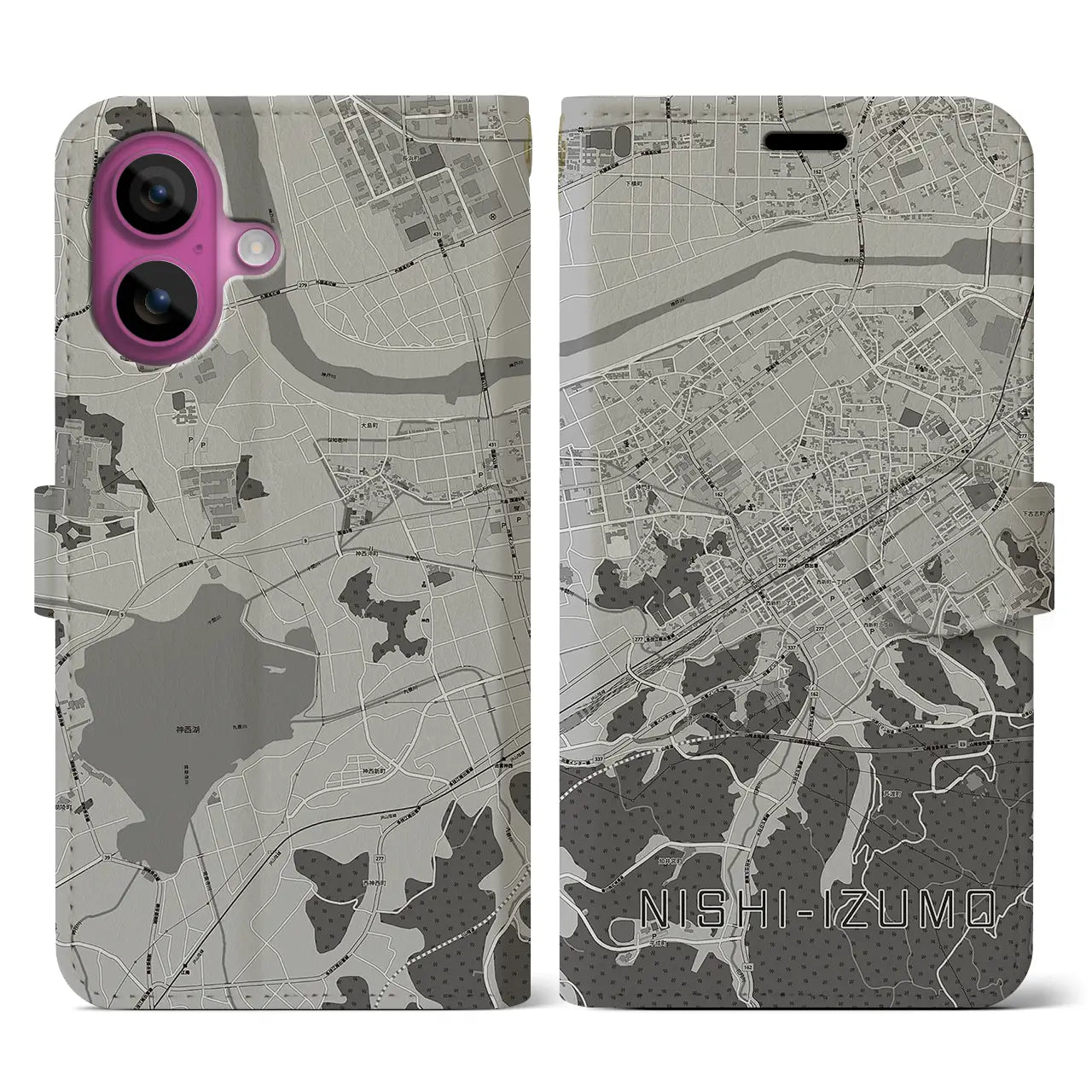 【西出雲(島根県)】地図柄iPhoneケース(手帳タイプ)モノトーン・iPhone 16 Pro 用