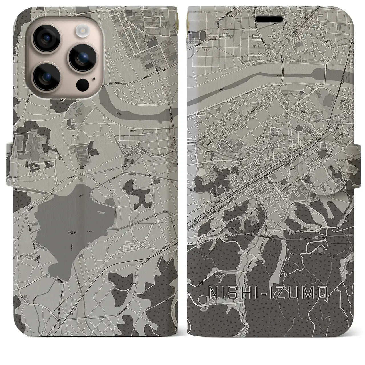 【西出雲(島根県)】地図柄iPhoneケース(手帳タイプ)モノトーン・iPhone 16 Plus 用