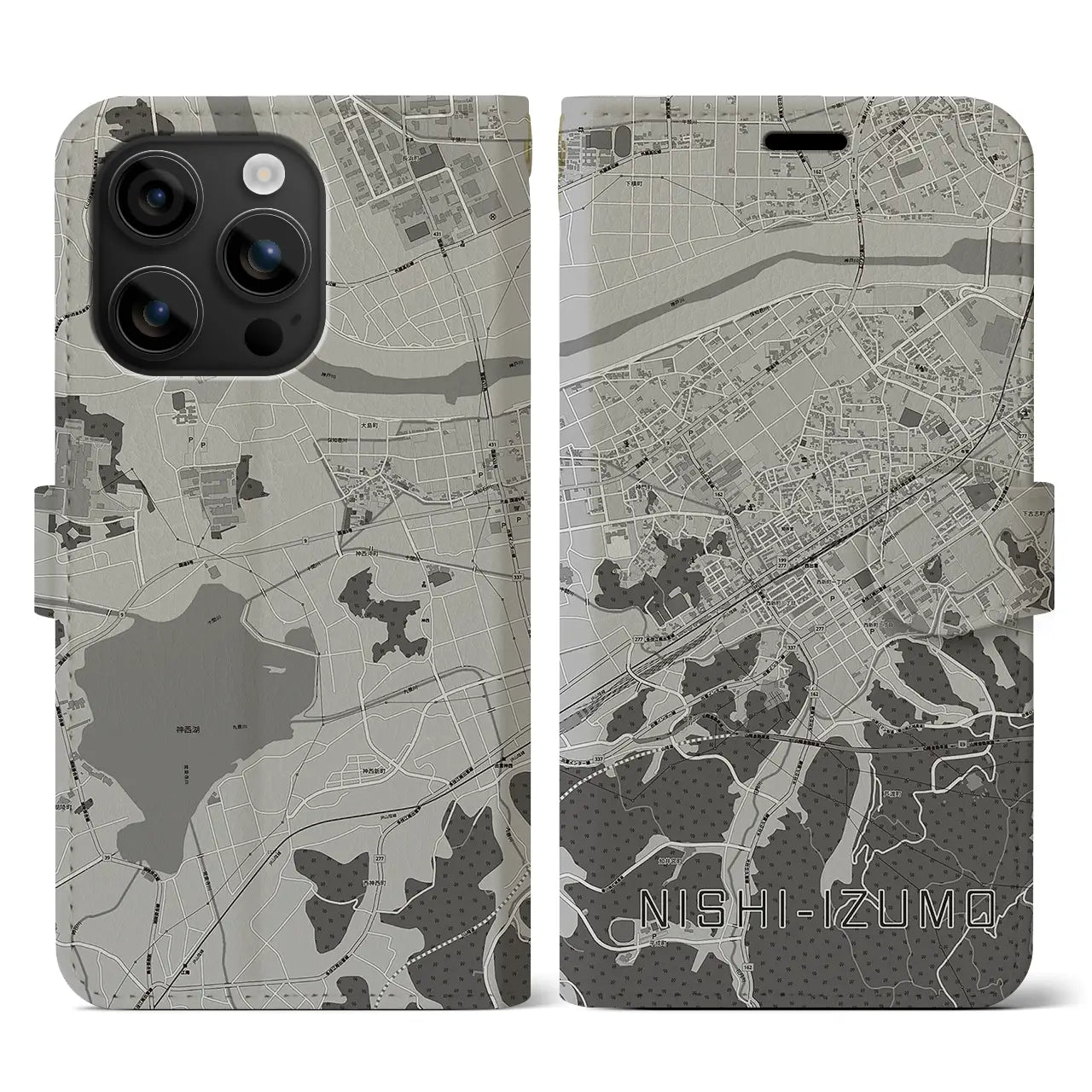 【西出雲(島根県)】地図柄iPhoneケース(手帳タイプ)モノトーン・iPhone 16 用