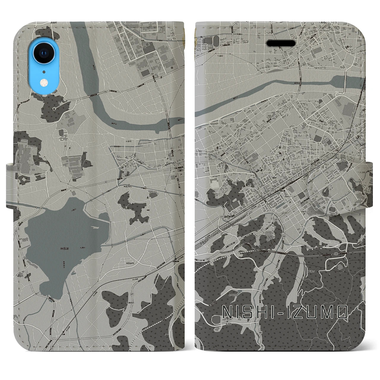【西出雲(島根県)】地図柄iPhoneケース(手帳タイプ)モノトーン・iPhone XR 用