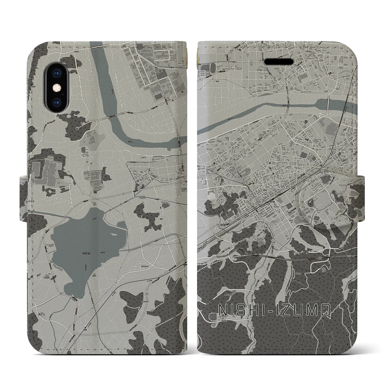 【西出雲(島根県)】地図柄iPhoneケース(手帳タイプ)モノトーン・iPhone XS / X 用
