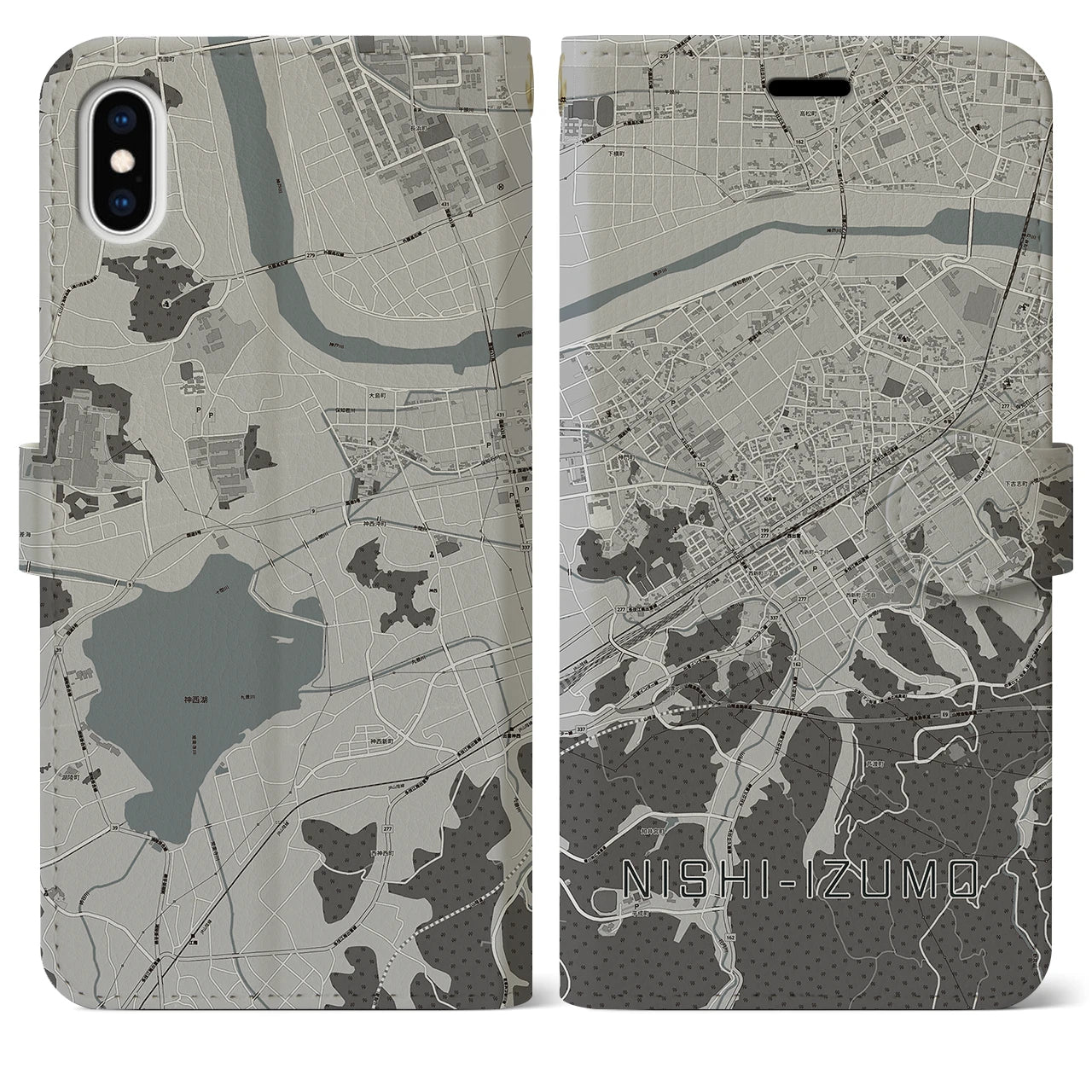 【西出雲(島根県)】地図柄iPhoneケース(手帳タイプ)モノトーン・iPhone XS Max 用