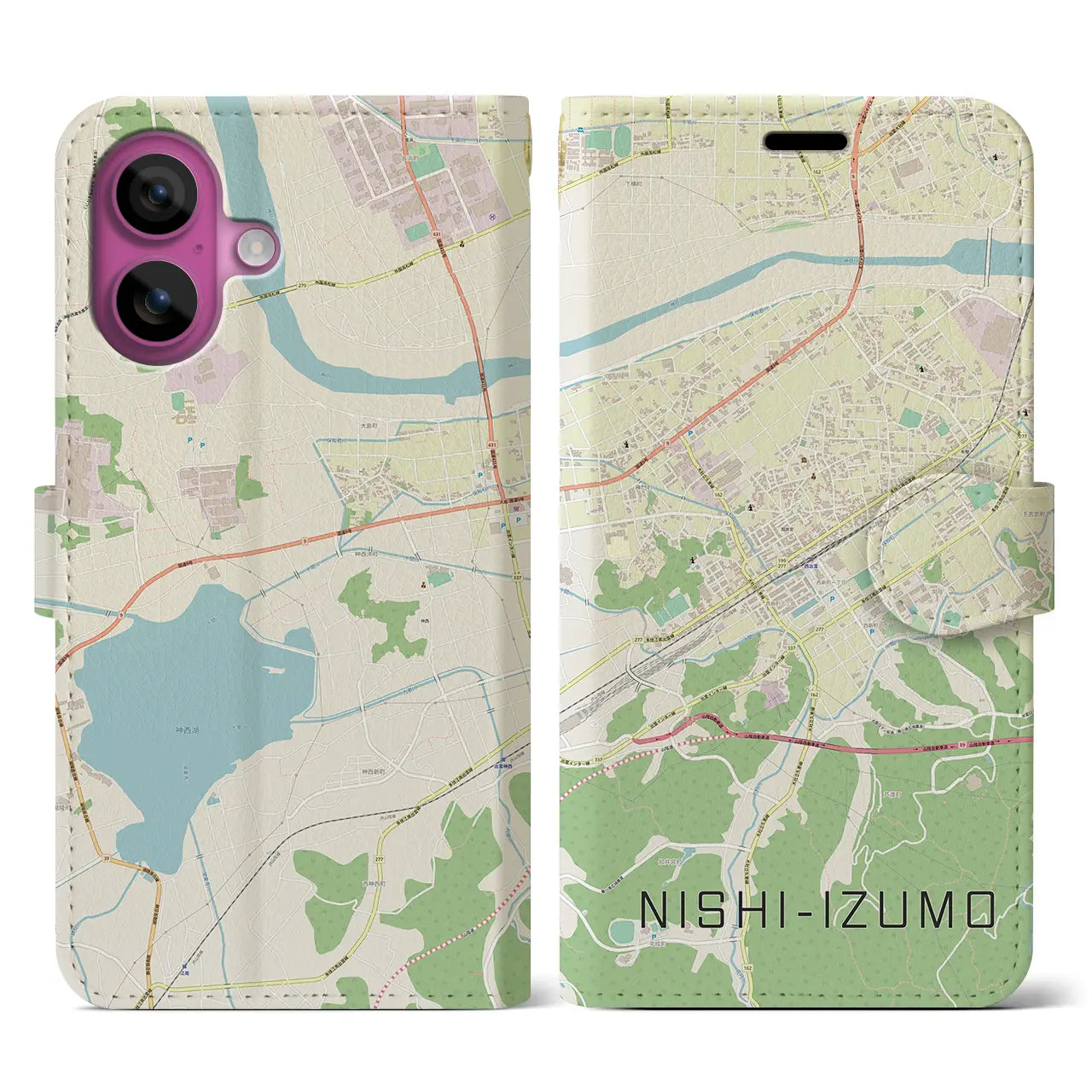 【西出雲(島根県)】地図柄iPhoneケース(手帳タイプ)ナチュラル・iPhone 16 Pro 用