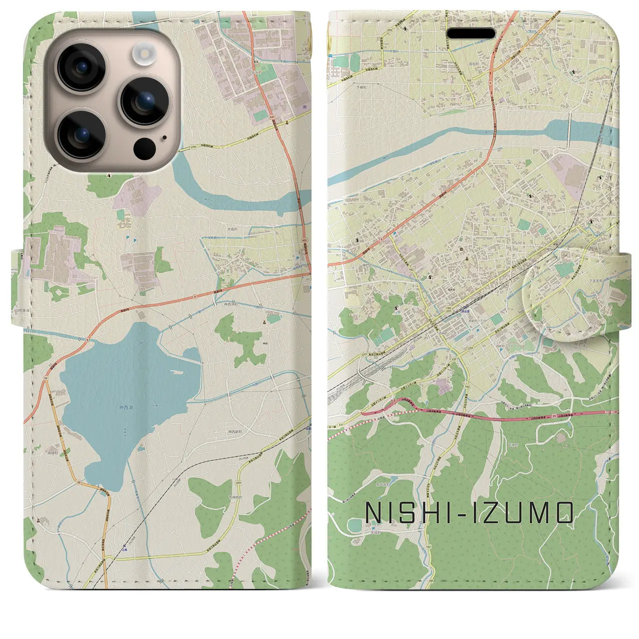 【西出雲(島根県)】地図柄iPhoneケース(手帳タイプ)ナチュラル・iPhone 16 Plus 用