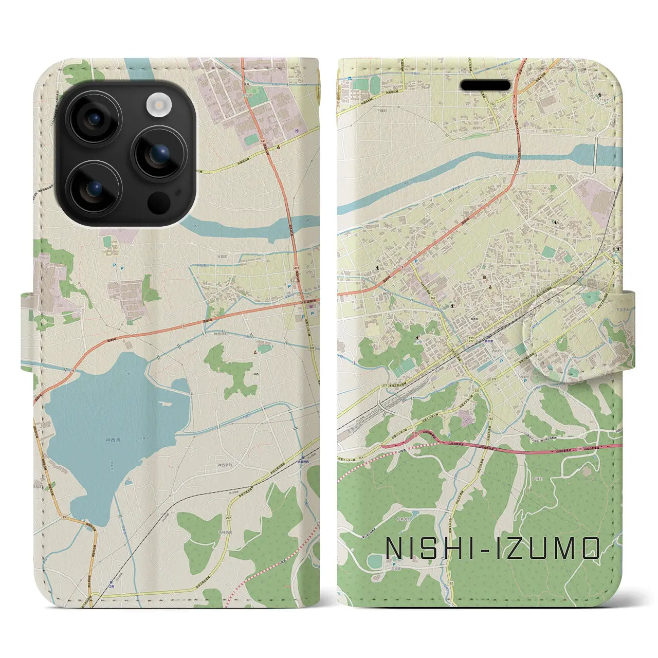 【西出雲(島根県)】地図柄iPhoneケース(手帳タイプ)ナチュラル・iPhone 16 用