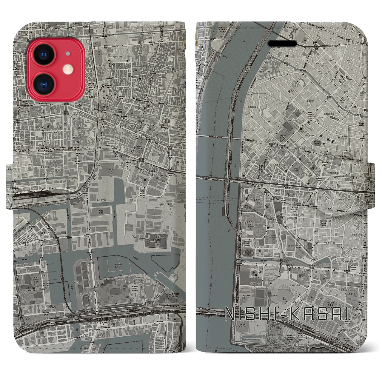 【西葛西(東京都)】地図柄iPhoneケース(手帳タイプ)モノトーン・iPhone 11 用