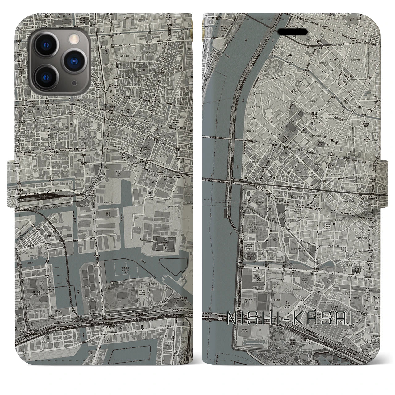 【西葛西(東京都)】地図柄iPhoneケース(手帳タイプ)モノトーン・iPhone 11 Pro Max 用