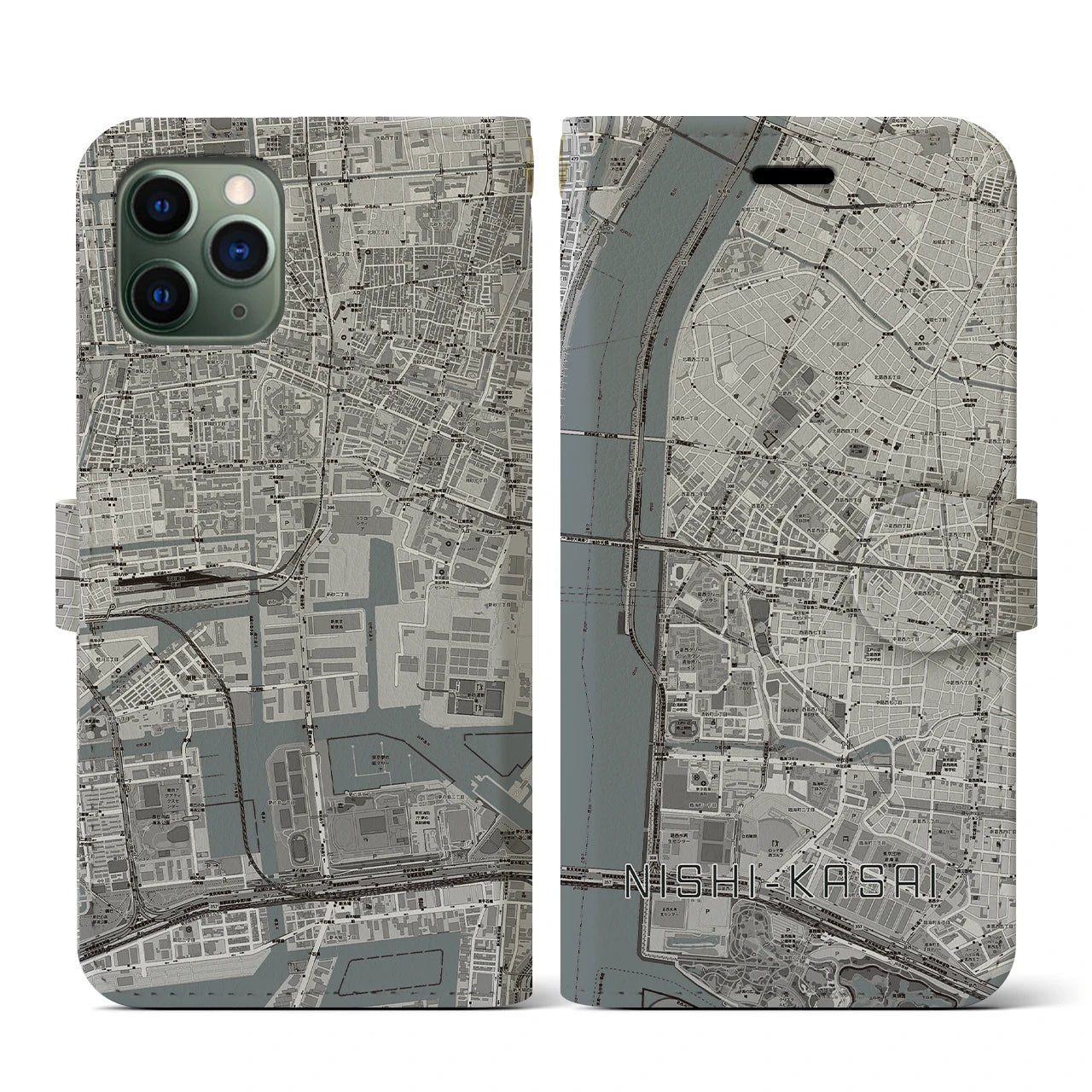 【西葛西(東京都)】地図柄iPhoneケース(手帳タイプ)モノトーン・iPhone 11 Pro 用