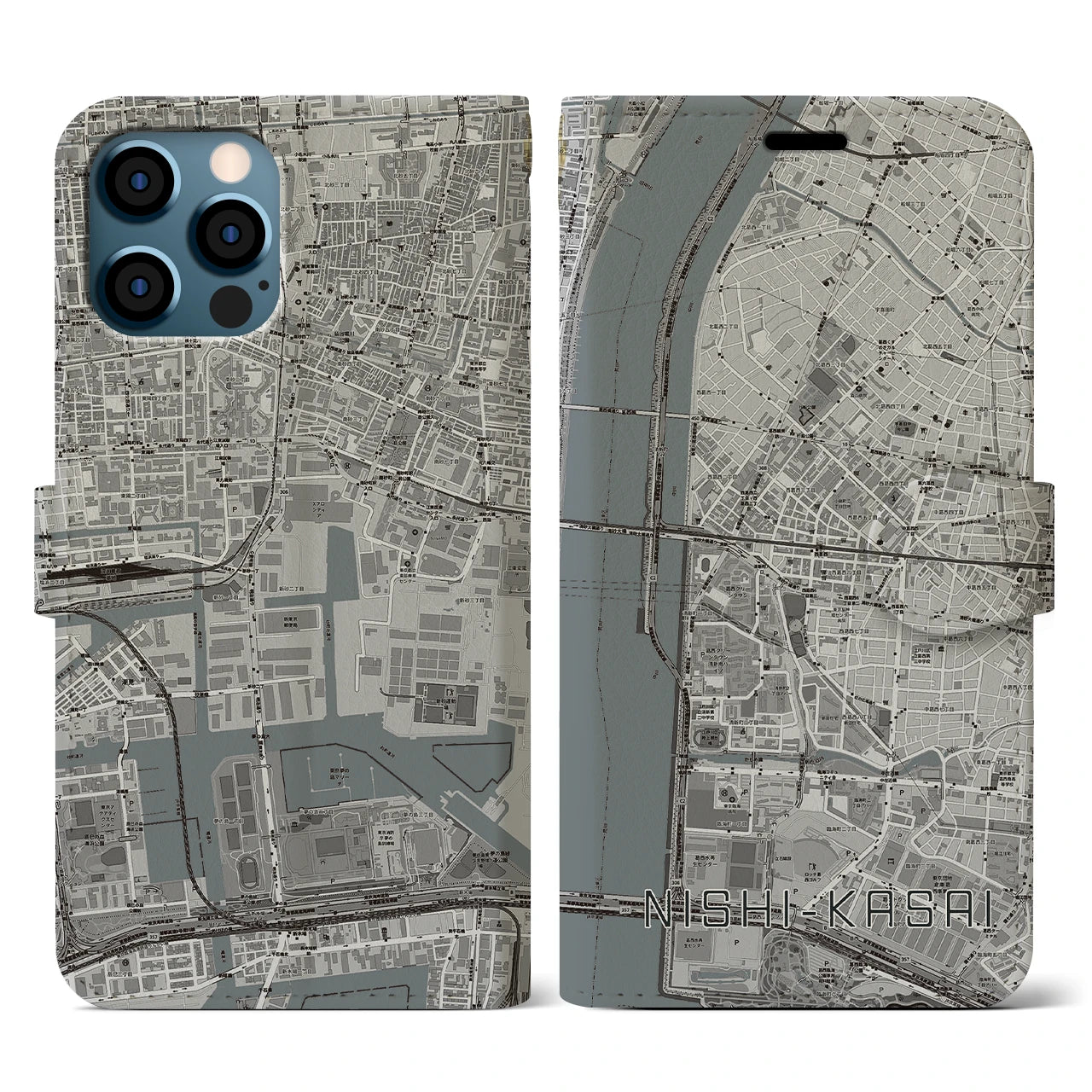 【西葛西(東京都)】地図柄iPhoneケース(手帳タイプ)モノトーン・iPhone 12 / 12 Pro 用