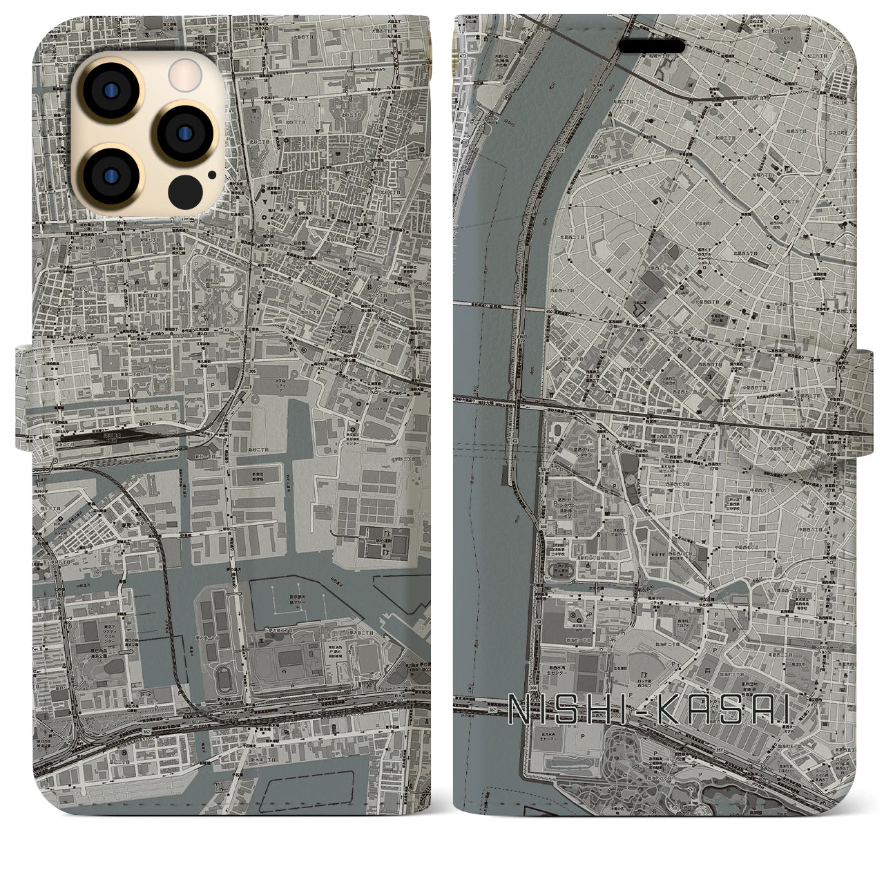 【西葛西(東京都)】地図柄iPhoneケース(手帳タイプ)モノトーン・iPhone 12 Pro Max 用