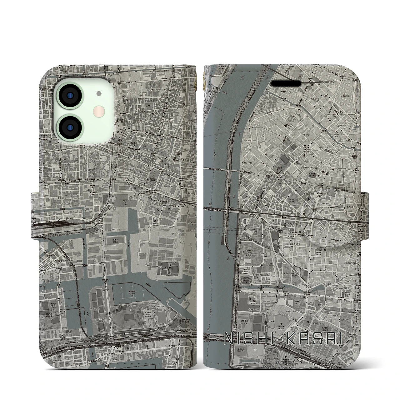 【西葛西(東京都)】地図柄iPhoneケース(手帳タイプ)モノトーン・iPhone 12 mini 用