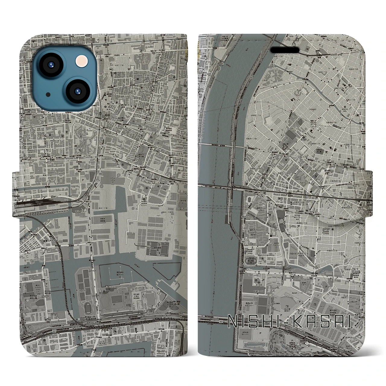 【西葛西(東京都)】地図柄iPhoneケース(手帳タイプ)モノトーン・iPhone 13 用